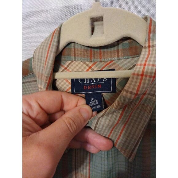 Chaps Denim Green Red Brown Plaid Shirt Long Sleeves Men's XL Western Style - Picture 2 of 6